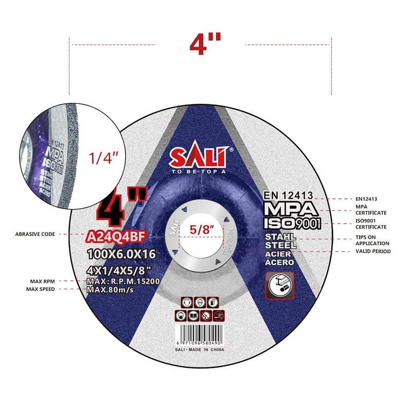 SALI 4 Inch Grinding Wheels for General Purpose Metal & Stainless Steel, Aluminum Oxide Grinding Disc for Angle Grinder, Depressed Center 4" * 1/4" * 5/8"(100 * 6.0 * 16 mm) - Image 2